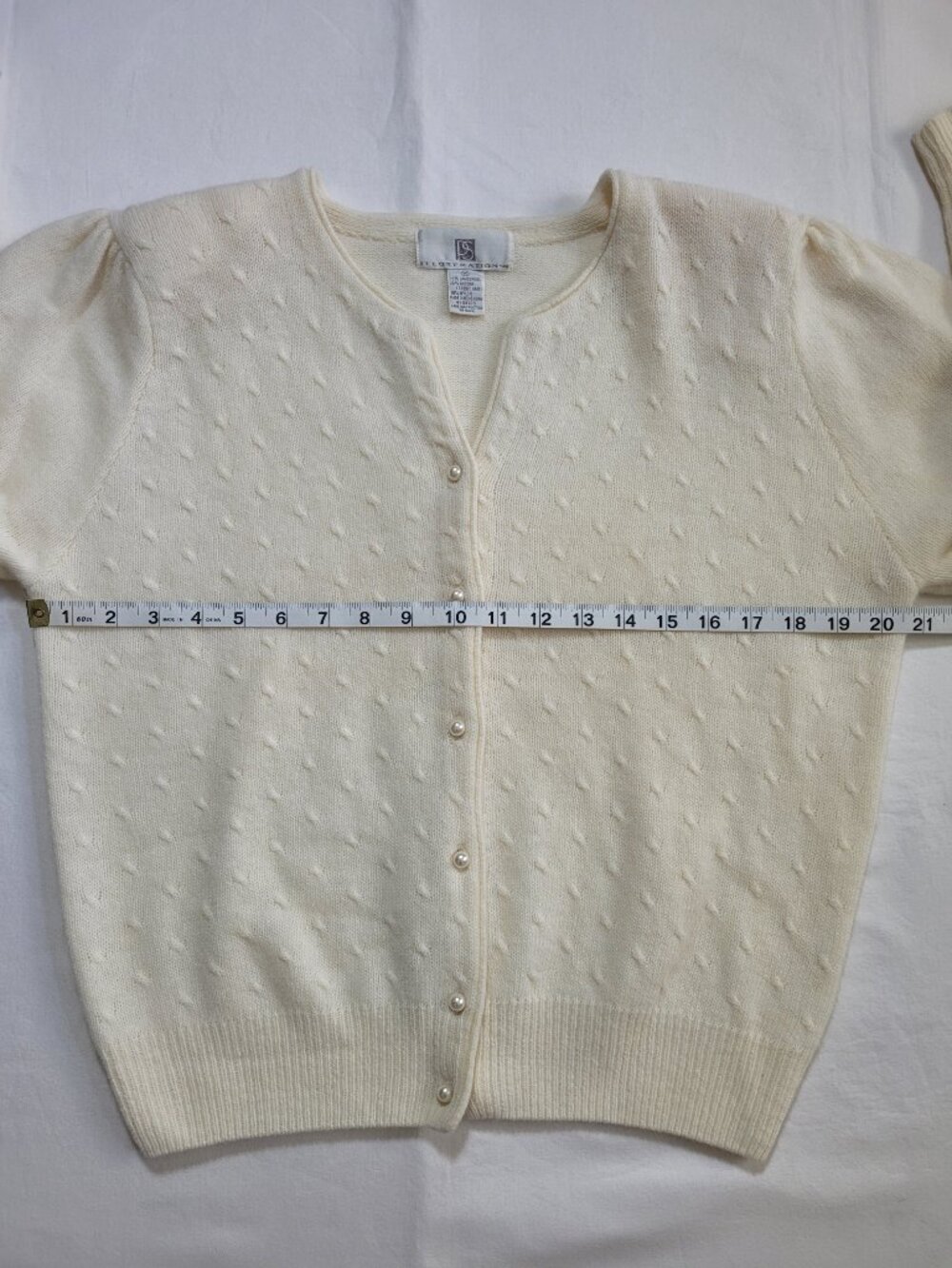PS Illustrations Pointelle Knit Cardigan Sweater Ivory Medium Lambswool Blend - Picture 5 of 9